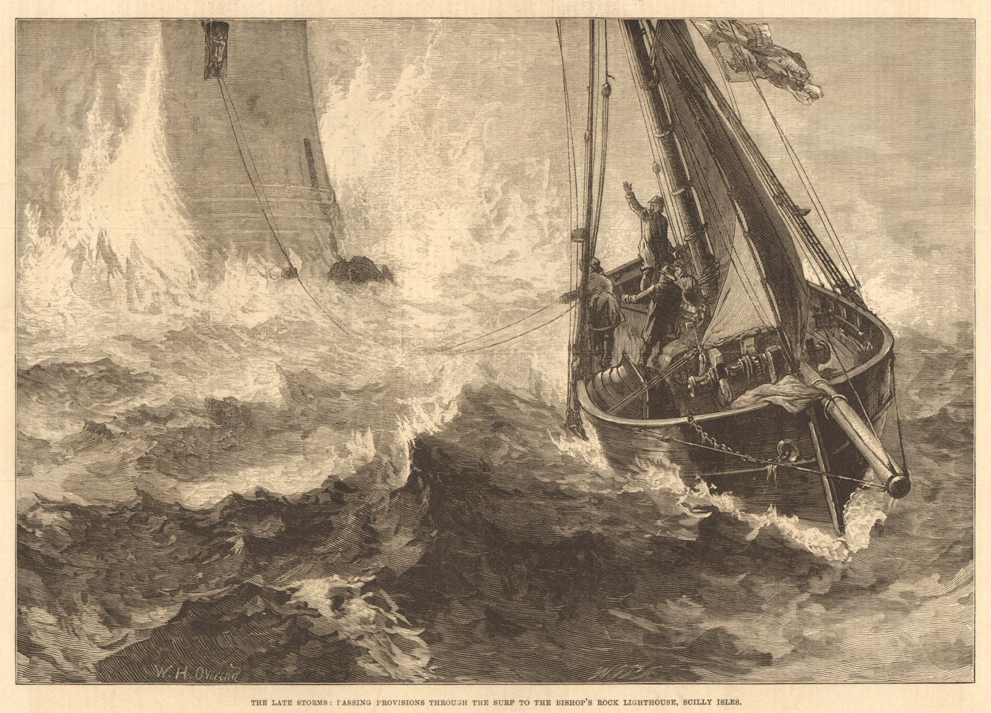 Passing provisions to the Bishop's Rock lighthouse, Scilly Isles 1877 print